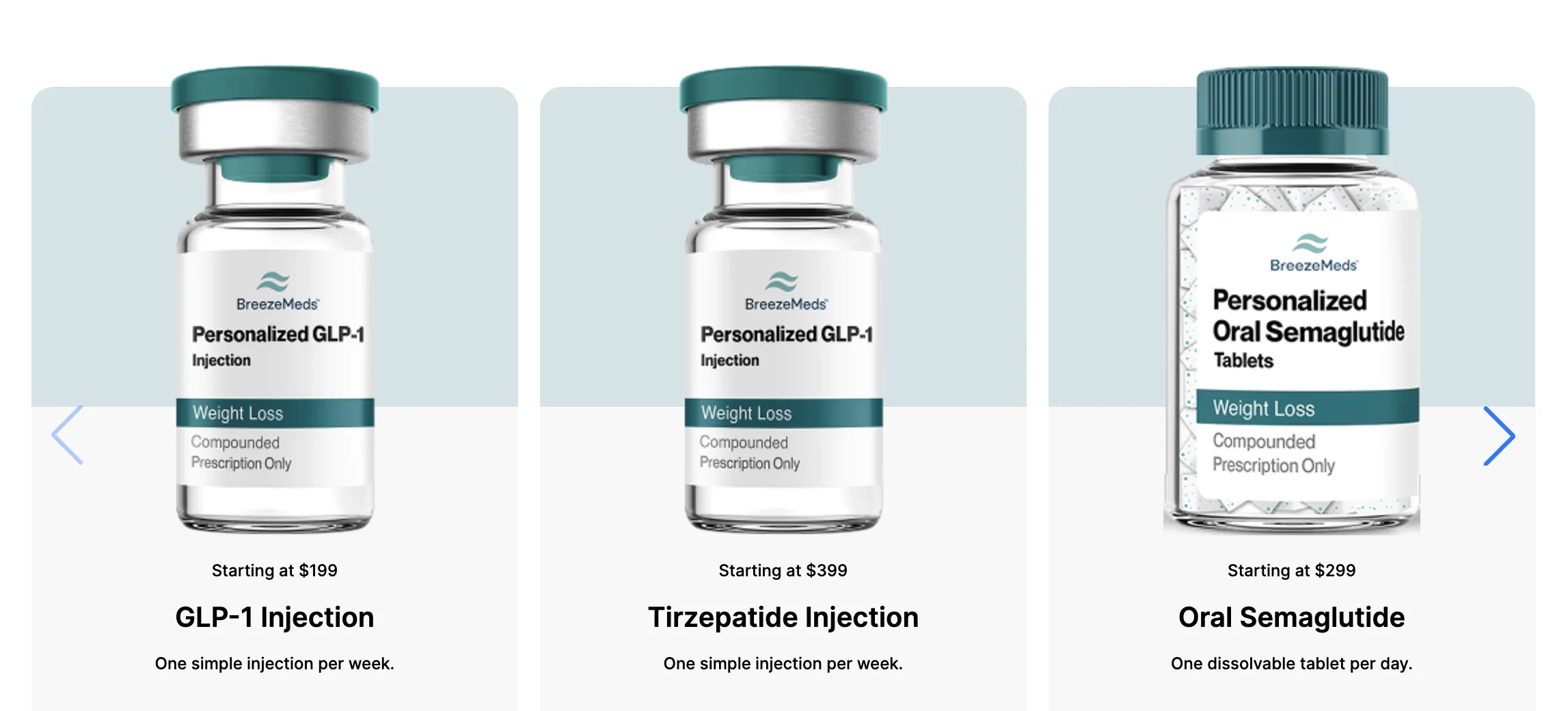 BreezeMeds Medications — GLP-1 Injection $199, Tirzepatide Injection $399, Oral Semaglutide $299